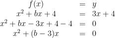 \begin{array}{ccl}f(x) & = & y\\x^2+bx+4 & = & 3x+4\\x^2+bx-3x+4-4 & = & 0\\x^2+(b-3)x & = & 0\end{array}