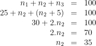 \begin{array}{rcl}n_1+n_2+n_3 & = & 100\\25+n_2+(n_2+5) & = & 100\\30+2.n_2 & = & 100\\2.n_2 & = & 70\\n_2 & = & 35\end{array}